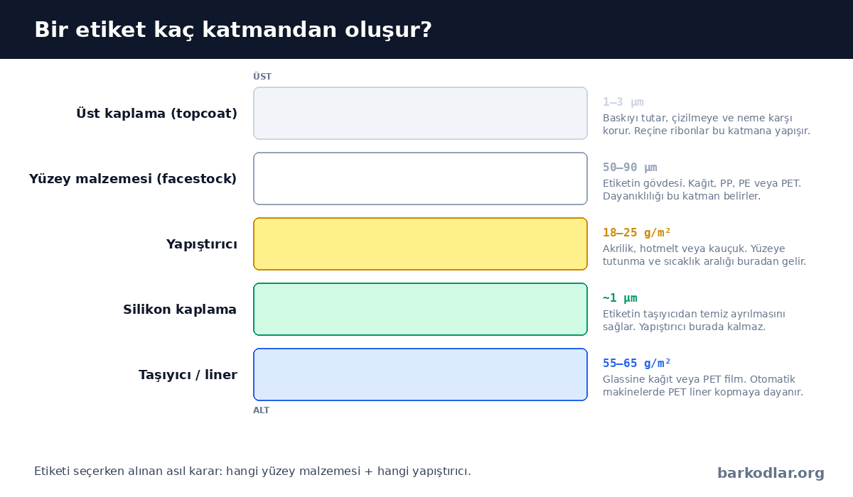 Barkod etiketinin katman yapısı: &uuml;st kaplama, y&uuml;zey malzemesi, yapıştırıcı, silikon kaplama ve taşıyıcı