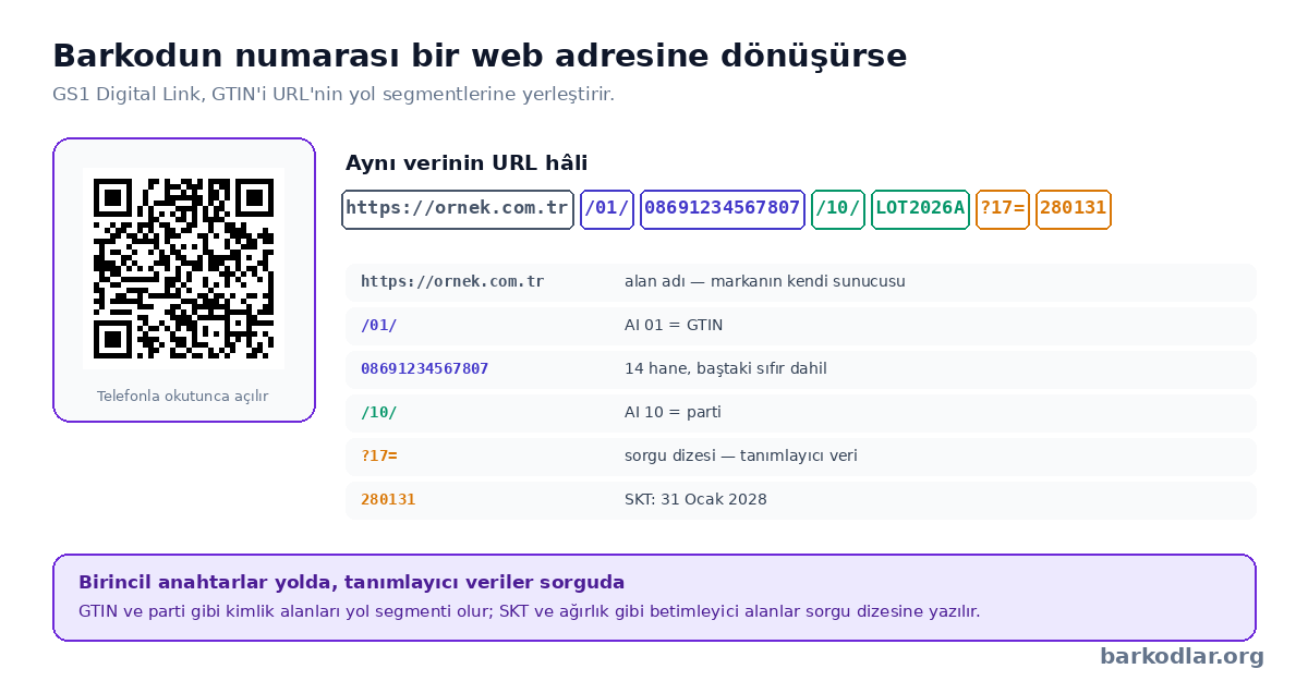GS1 Digital Link URI anatomisi: alan adı, GTIN yol segmenti, parti ve sorgu dizesi